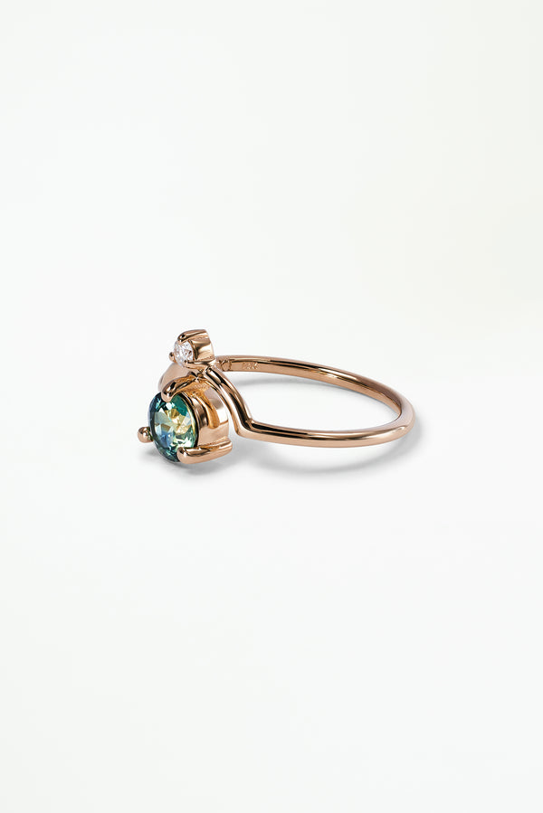 One of a Kind Round Brilliant Cut Bi-Color Blue Green Sapphire and Diamond Nestled Ring No. 12