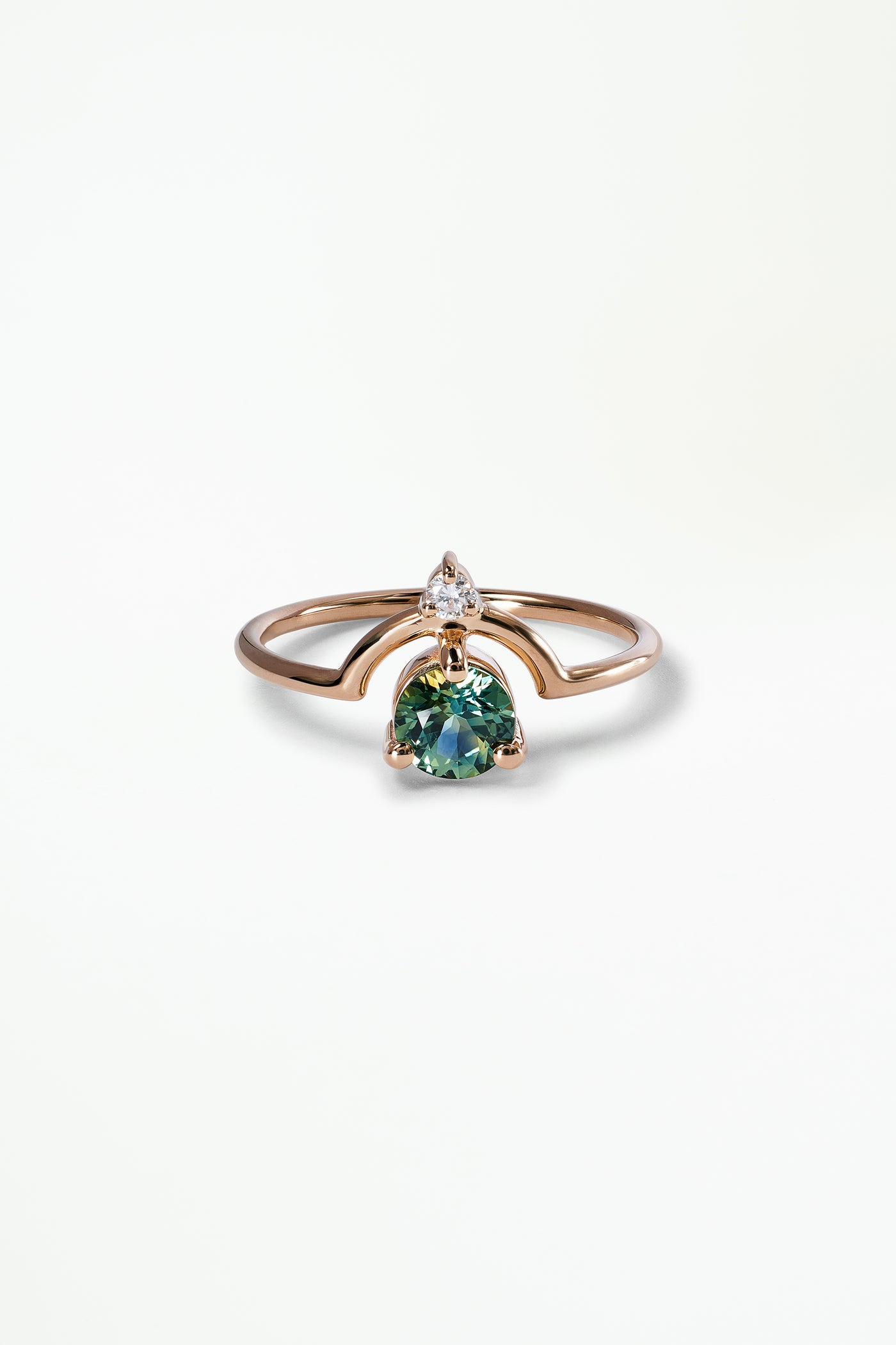 One of a Kind Round Brilliant Cut Bi-Color Blue Green Sapphire and Diamond Nestled Ring No. 12