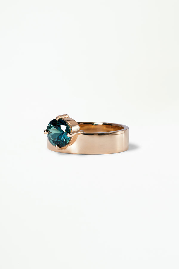 One of a Kind Round Brilliant Cut Teal Sapphire Monolith Ring No. 31