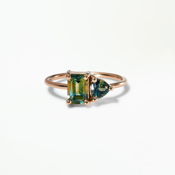 One of a Kind Emerald and Trillion Cut Sapphire Mosaic Ring No. 42