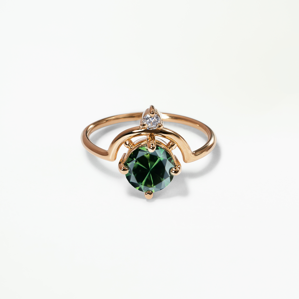 One of a Kind Bi-Color Blue Green Sapphire Round Brilliant Cut Nestled Ring No. 5