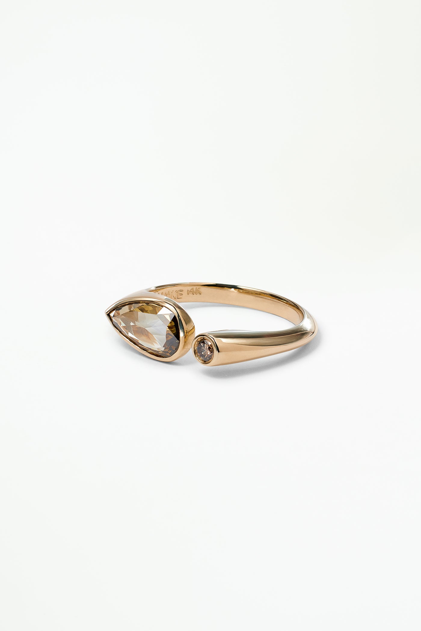 One of a Kind Pear Rose Cut and Round Brilliant Cut Champagne Diamond Dyad Signet Ring No. 12