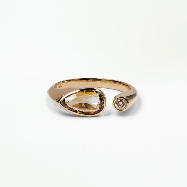 One of a Kind Pear Rose Cut and Round Brilliant Cut Champagne Diamond Dyad Signet Ring No. 12
