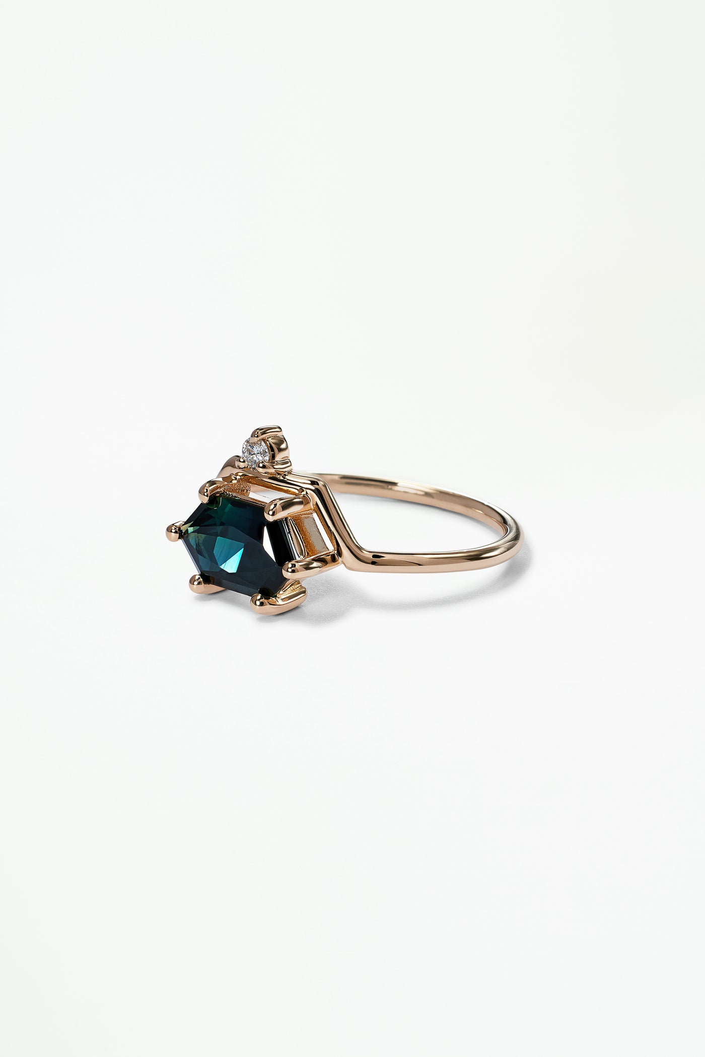 One of a Kind Hexagon Cut Sapphire and Diamond Nestled Ring No. 2