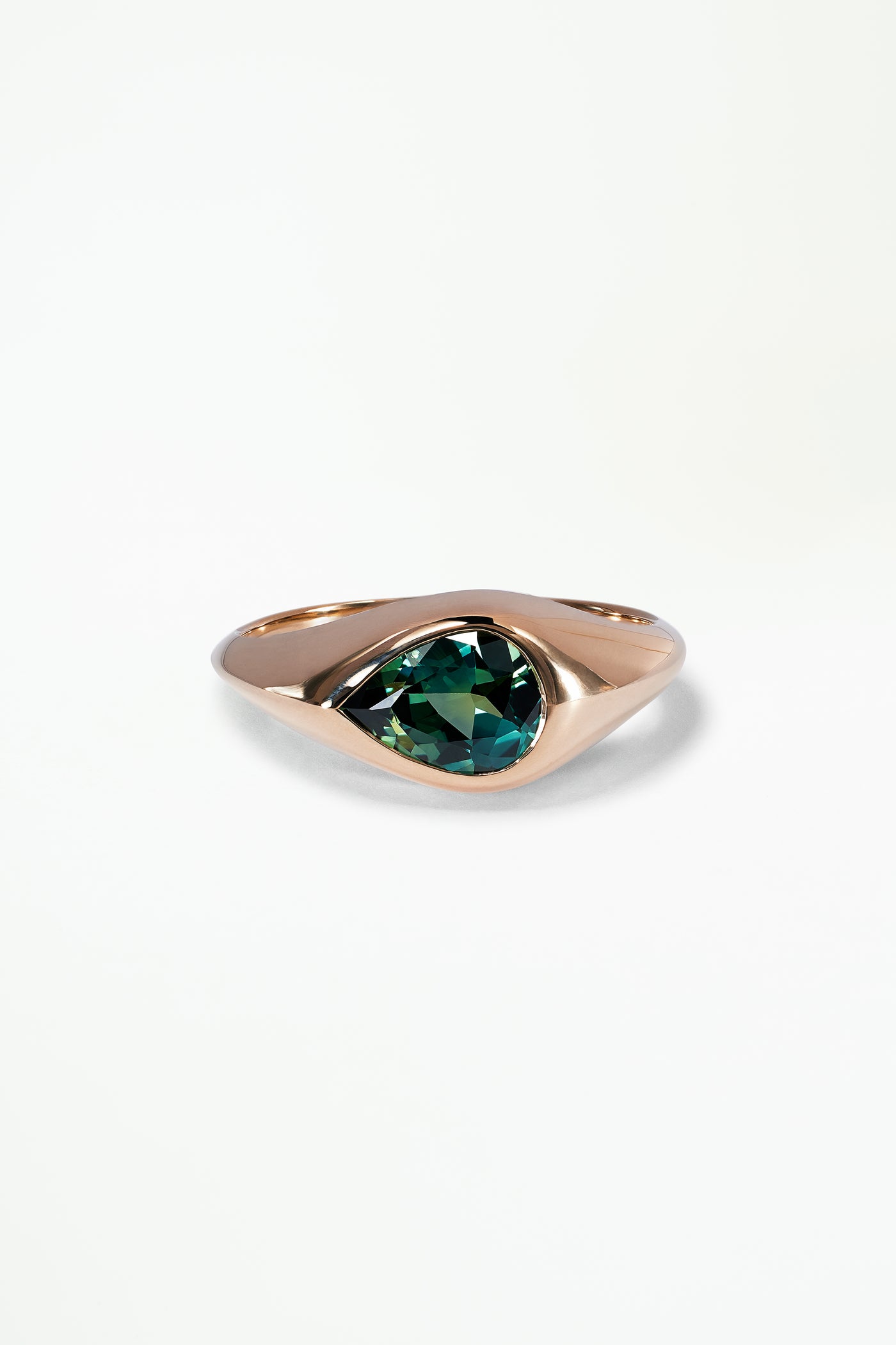 One of a Kind Pear Cut Bi-Color Blue Green Sapphire Signet Ring No. 59