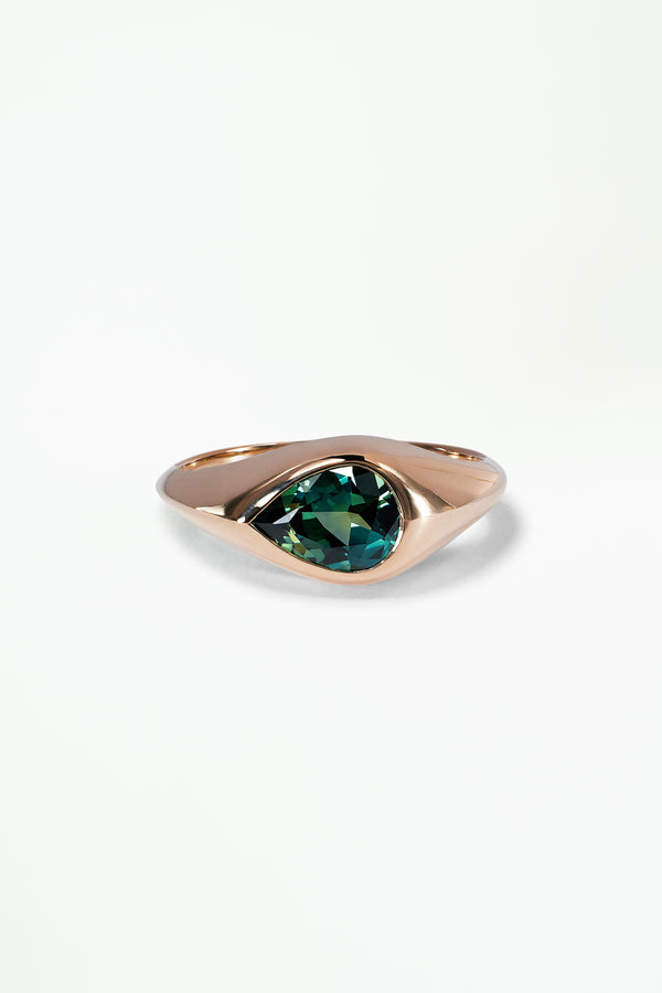 One of a Kind Pear Cut Bi-Color Blue Green Sapphire Signet Ring No. 59