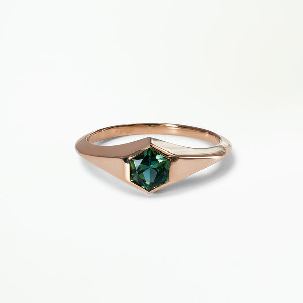 One of a Kind Hexagon Cut Green Sapphire Signet Ring No. 17