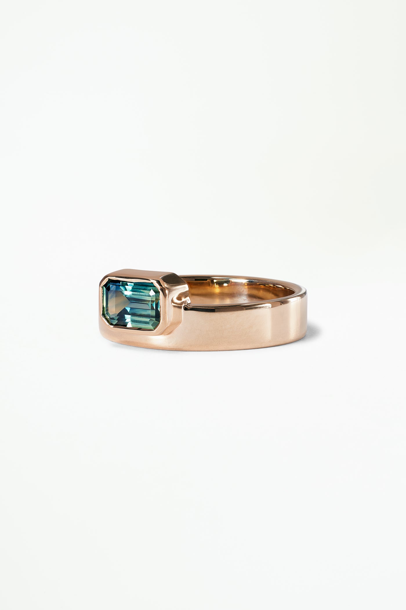 One of a Kind Emerald Cut Bi-Color Green Blue Sapphire Monolith Ring No. 32
