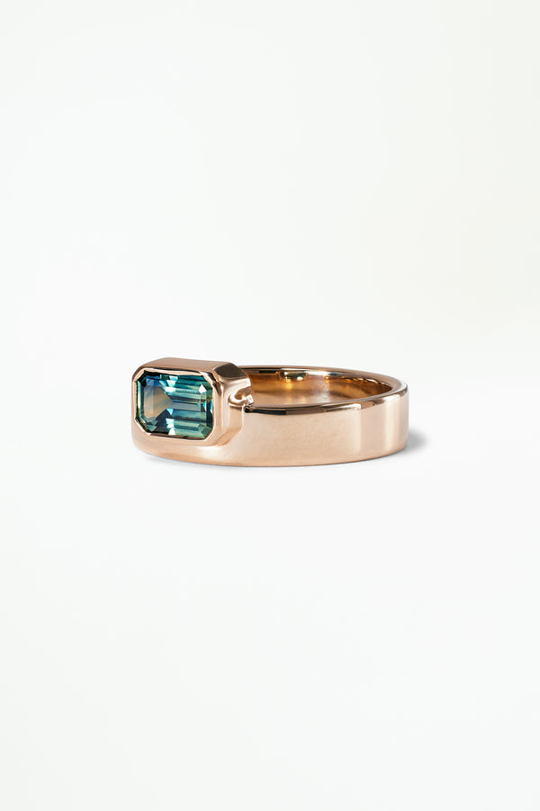 One of a Kind Emerald Cut Bi-Color Green Blue Sapphire Monolith Ring No. 32