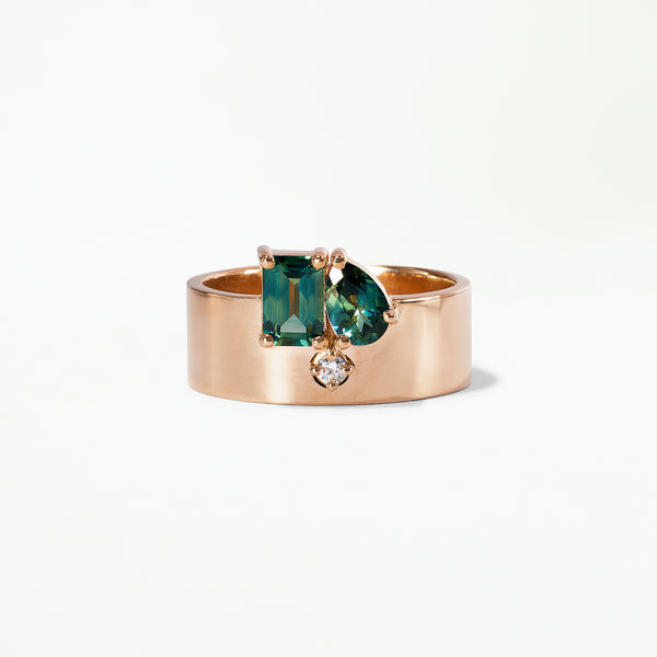 Emerald and Pear Cut Sapphire and Diamond Bricolage Ring