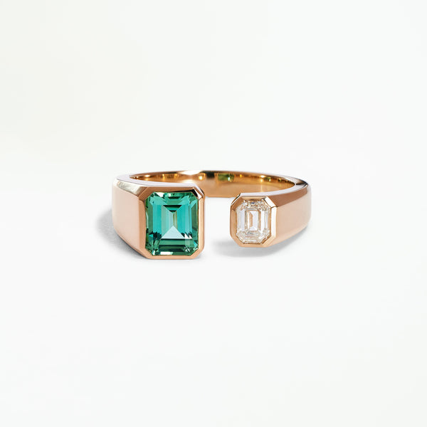 One of a Kind Emerald Cut Diamond and Tourmaline Dyad Ring No. 11