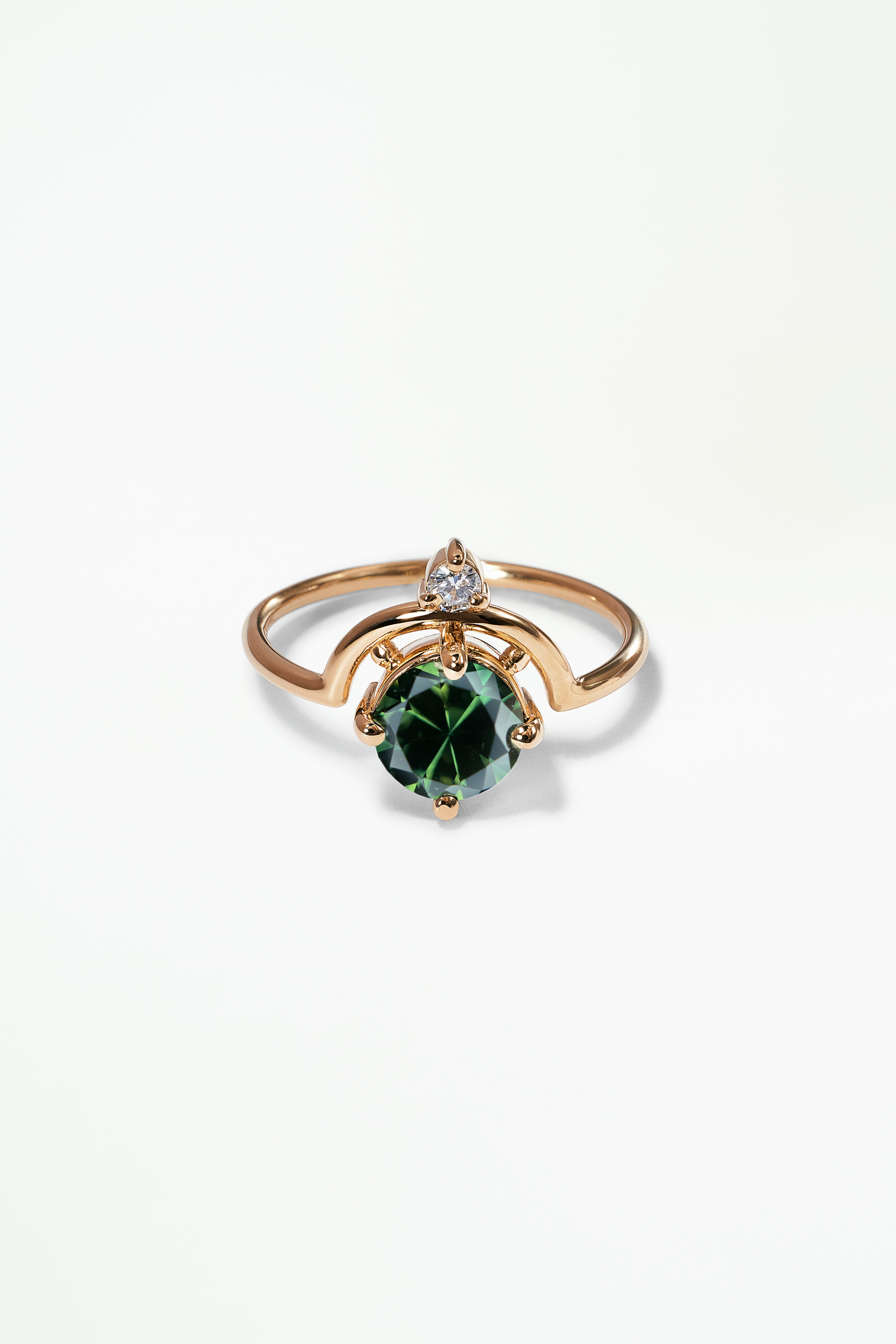 One of a Kind Bi-Color Blue Green Sapphire Round Brilliant Cut Nestled Ring No. 5