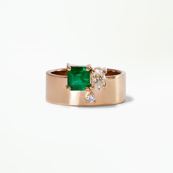 One of a Kind Emerald and Brilliant Cut Diamond and Emerald Bricolage Ring No. 19
