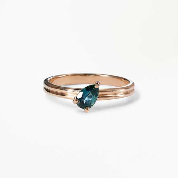 Medium Tilted Pear Cut Teal Sapphire Double Band Solitaire Ring