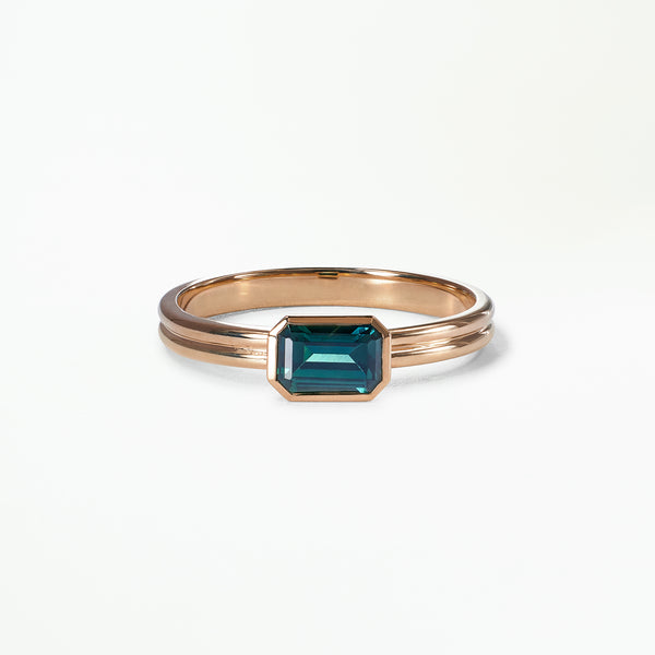 Medium Emerald Cut Teal Sapphire Double Band Solitaire Ring