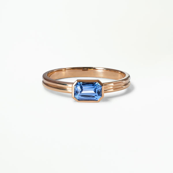 Medium Emerald Cut Blue Sapphire Double Band Solitaire Ring