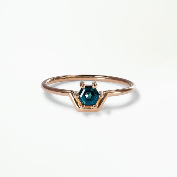 Small Hexagon Cut Teal Sapphire Nestled Ring