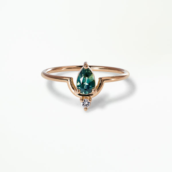 Medium Pear Cut Teal Sapphire and Diamond Nestled Ring