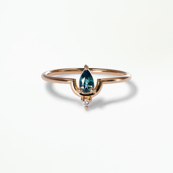 Small Pear Cut Teal Sapphire and Diamond Nestled Ring