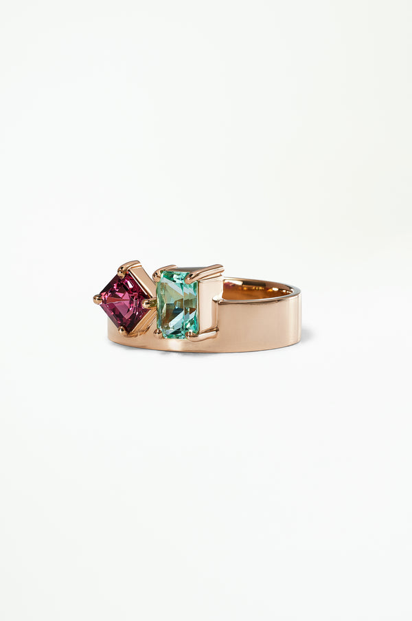 One of a Kind Asscher and Emerald Cut Emerald and Garnet Bricolage Ring No. 20