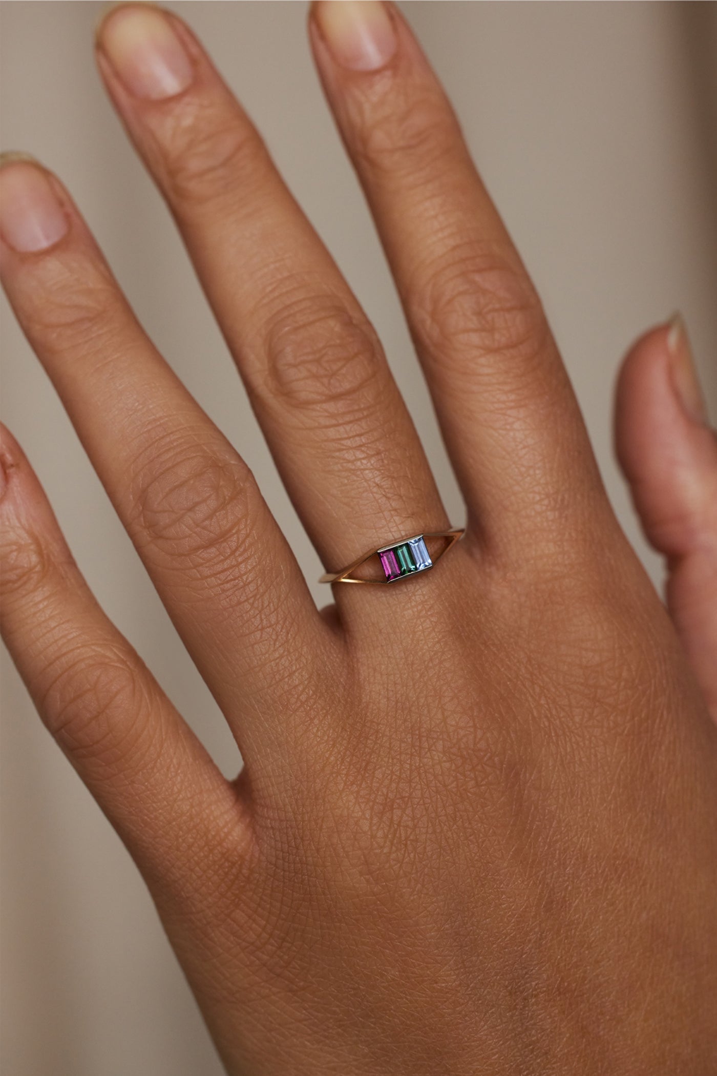 Sapphire, Tourmaline, and Garnet Baguette Frame Ring