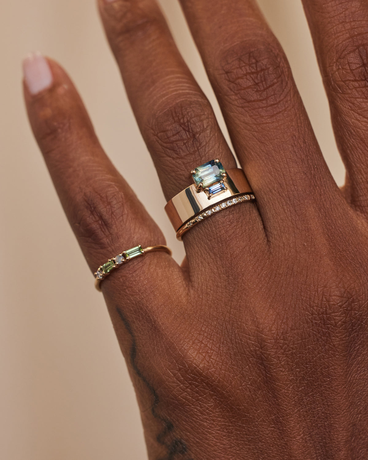 Emerald and Baguette Cut Sapphire Bricolage Ring No. 15