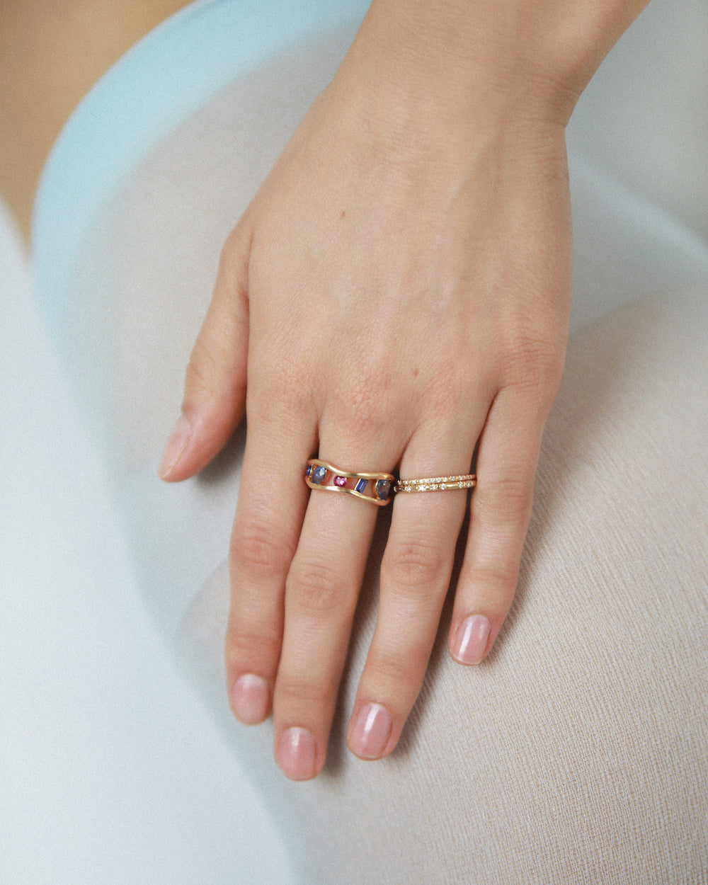 One of a Kind Sapphire and Ruby Float Ring No. 1