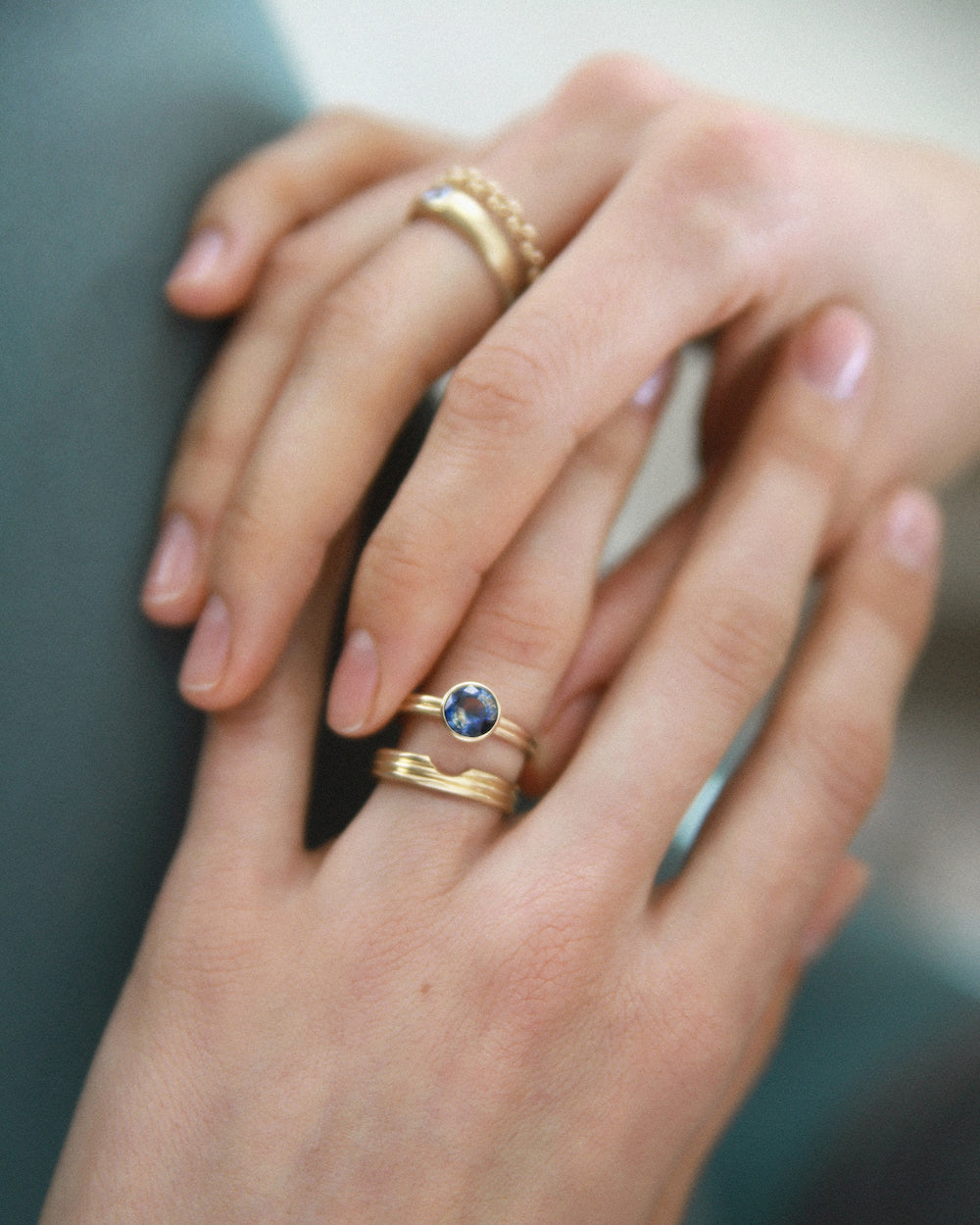 One of a Kind Round Cut Sapphire Ridge Ring Set No. 10