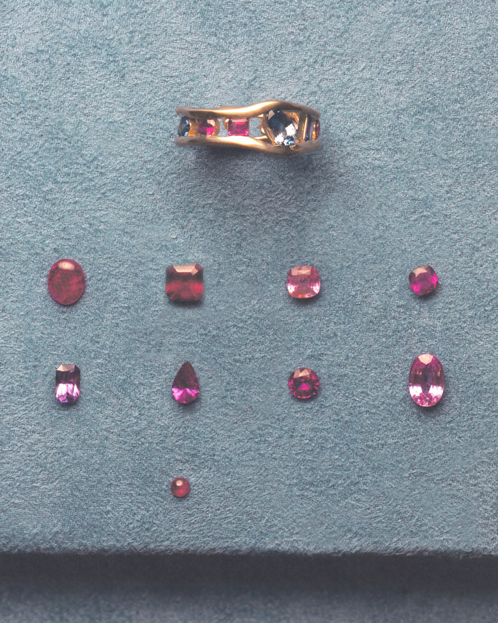 One of a Kind Sapphire and Ruby Float Ring No. 1