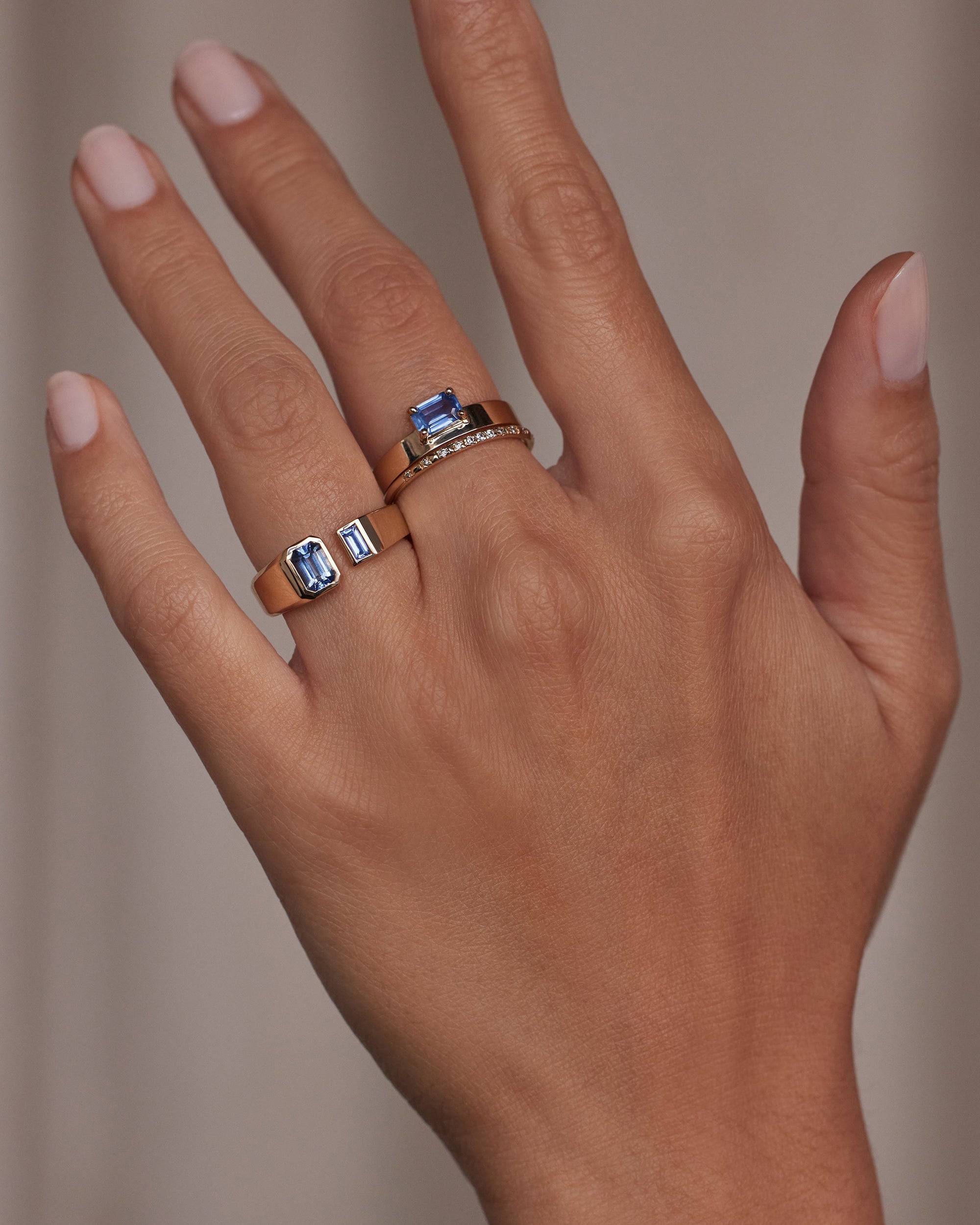 Emerald and Baguette Cut Blue Sapphire Dyad Ring