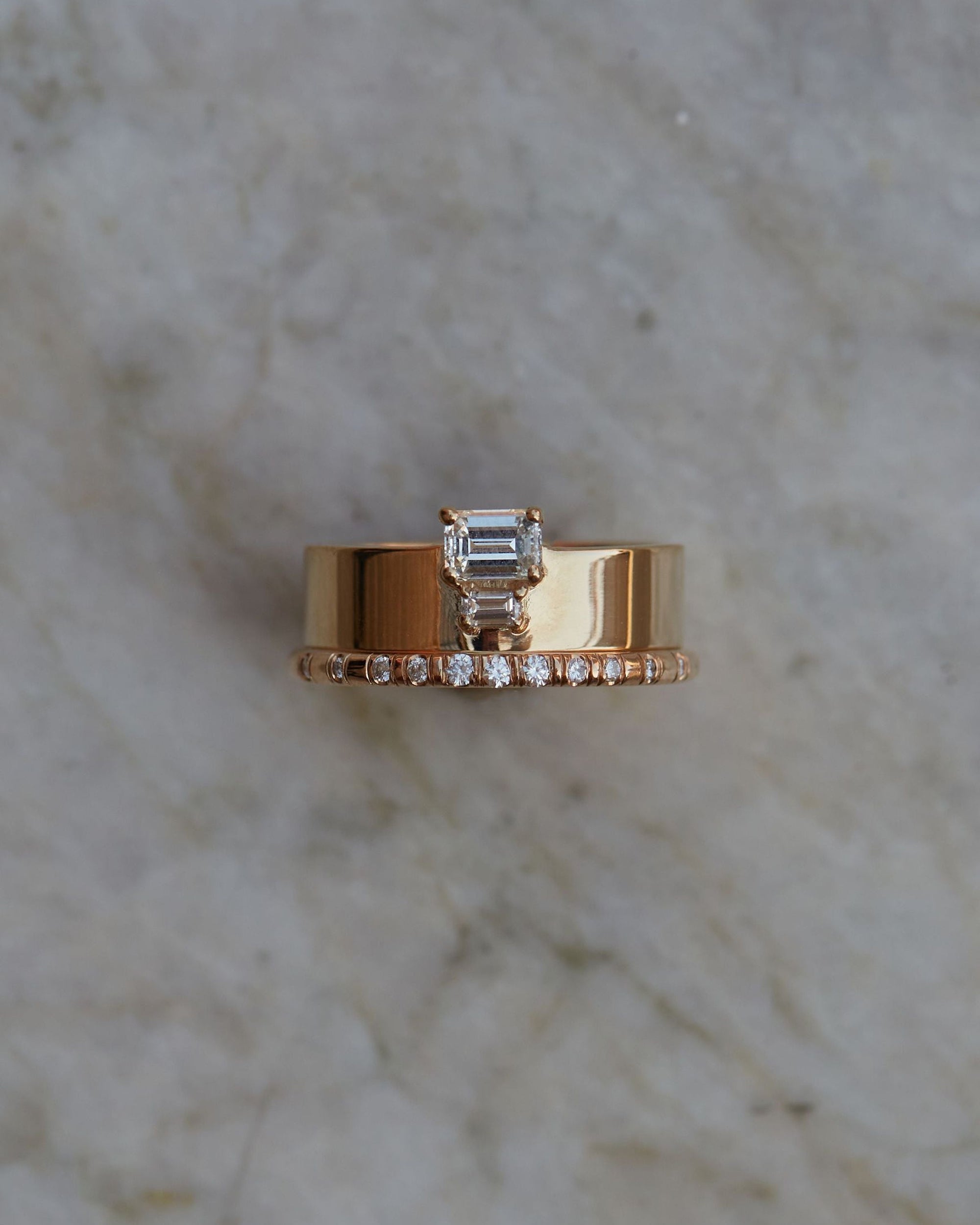 Emerald and Baguette Cut Diamond Bricolage Ring