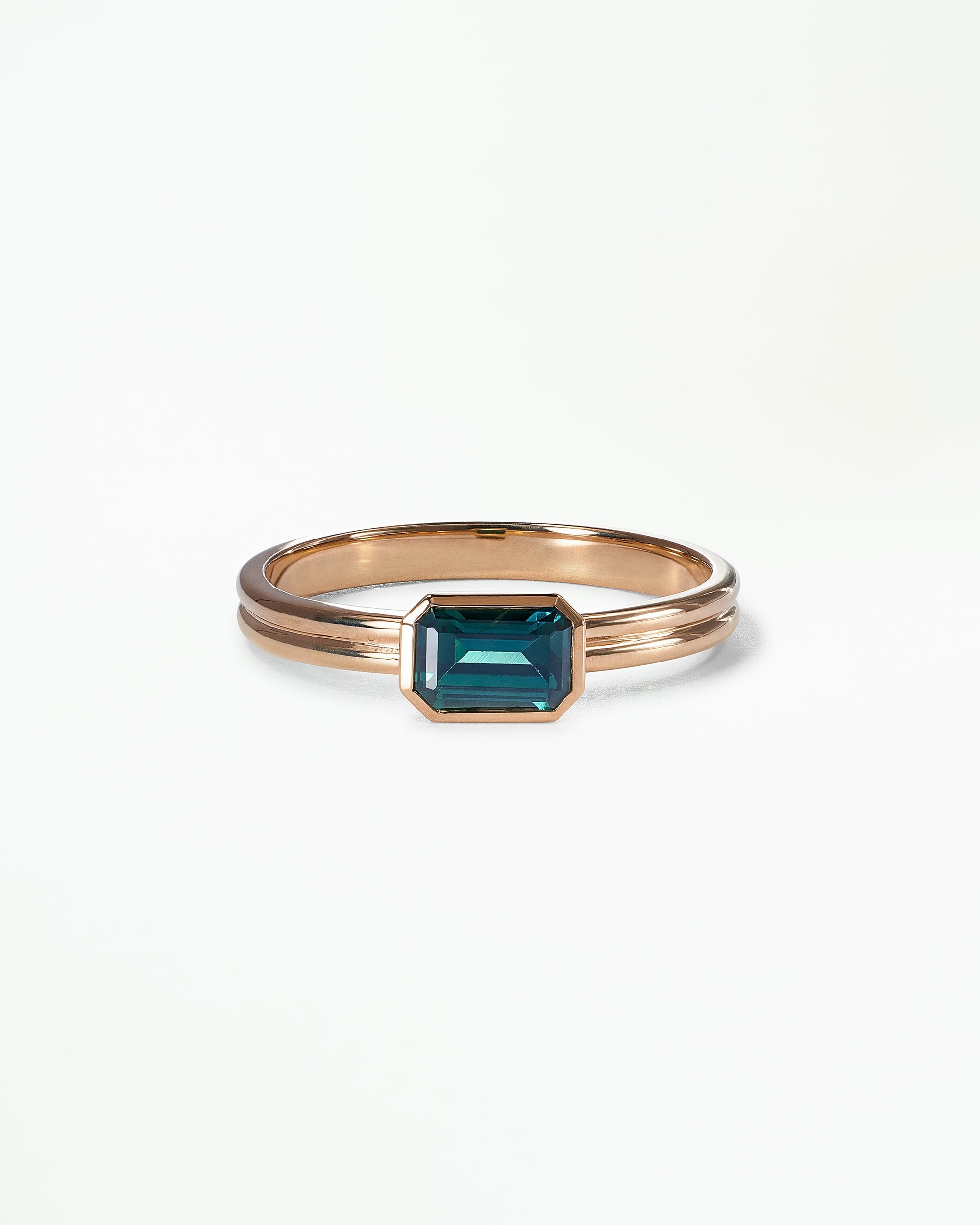 Emerald Cut Teal Sapphire Ridge Solitaire Ring
