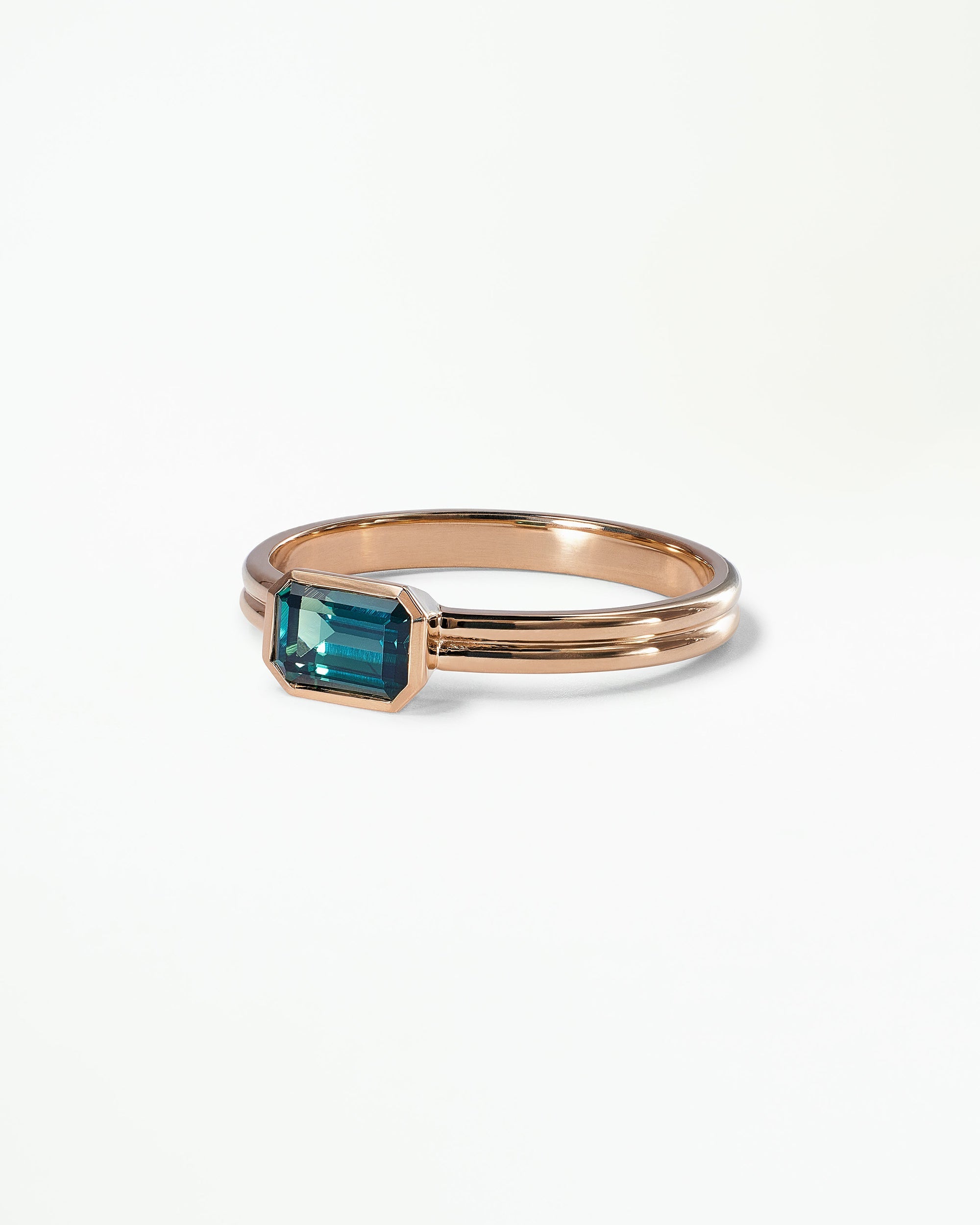 Emerald Cut Teal Sapphire Ridge Solitaire Ring
