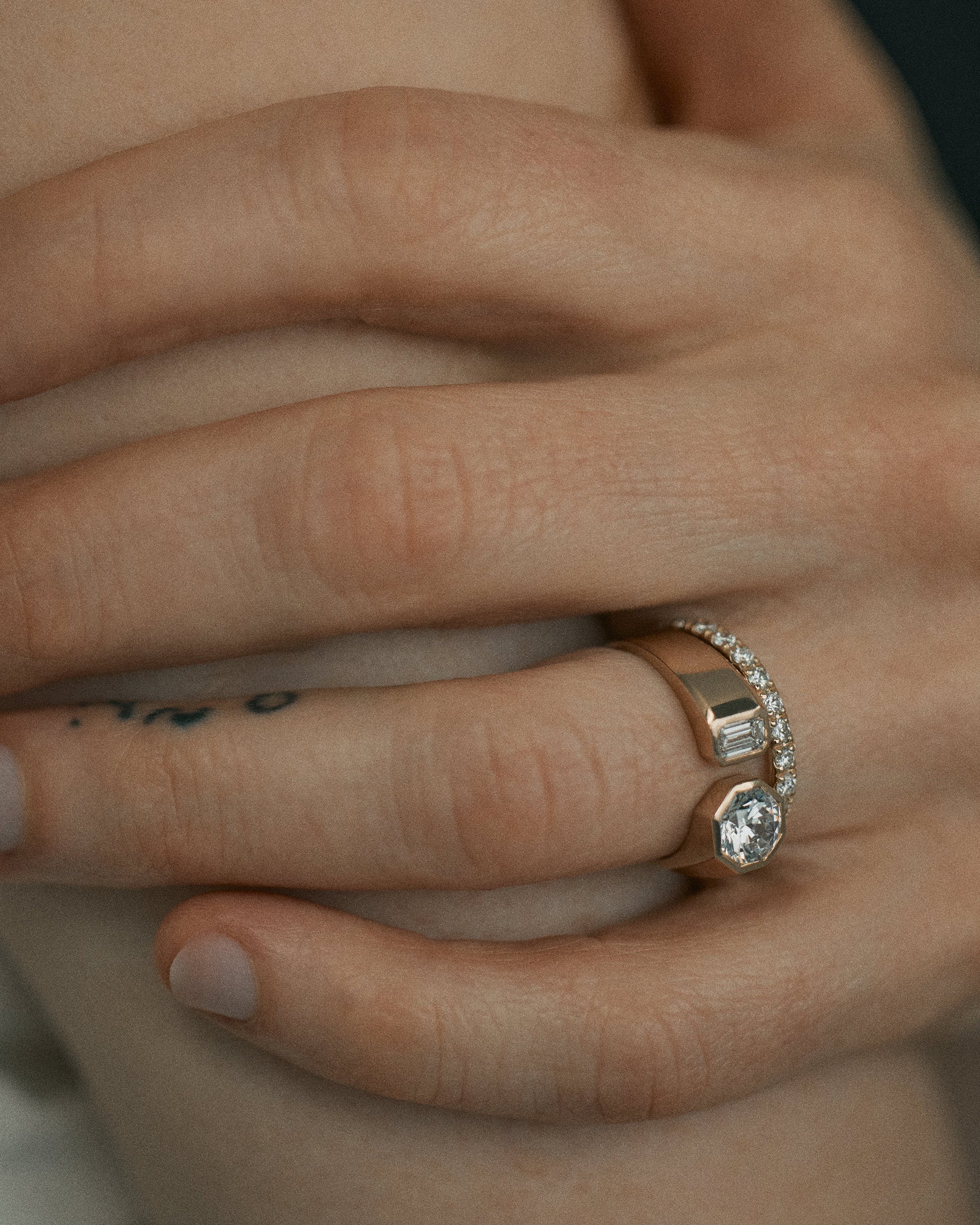[lifestyle]Round and Emerald Cut Diamond Dyad Signet Ring